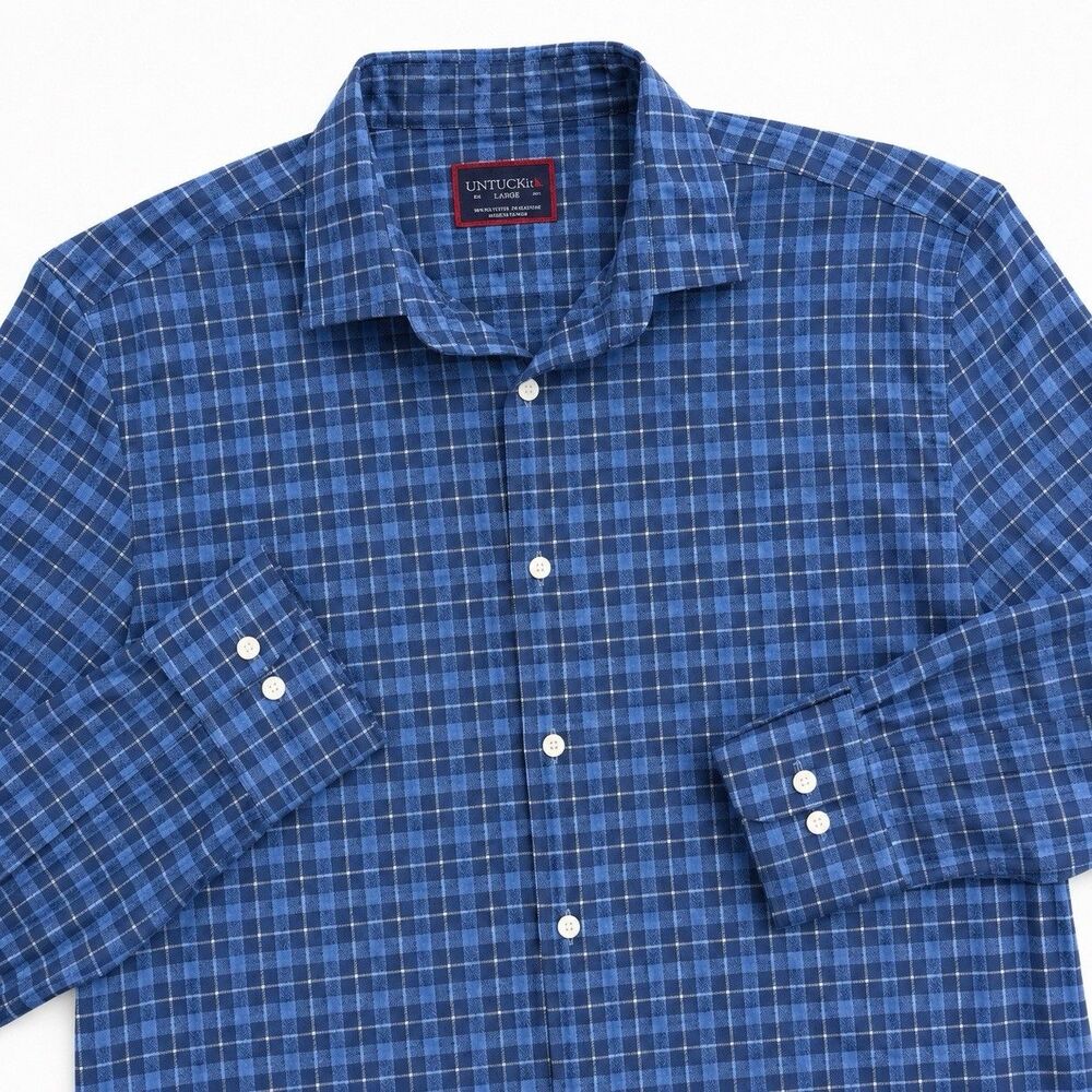 UNTUCKit Melville Flannel Shirt Blue Plaid Stretch Long Sleeve Men's L